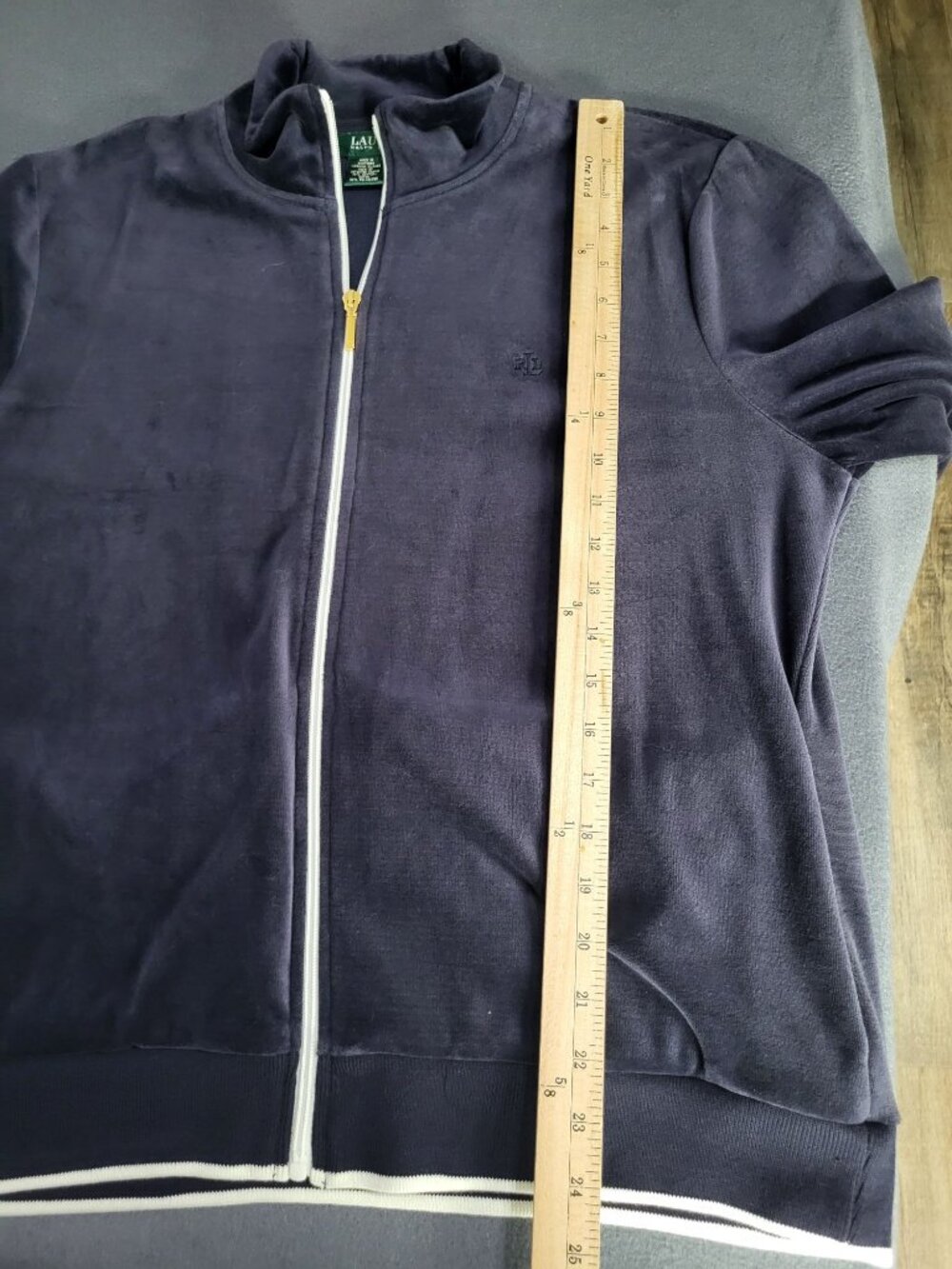 Lauren Ralph Lauren Women's XL VTG Navy Blue Velour Zip Up Track Jacket - Picture 6 of 8